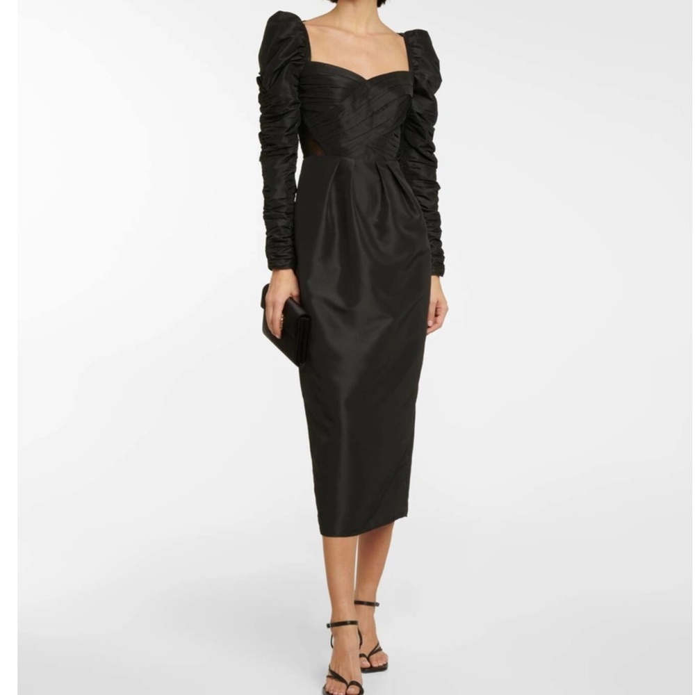 Self Portrait Lace Paneled Taffeta Midi Dress Size 8 Pocket Black Party Cocktail